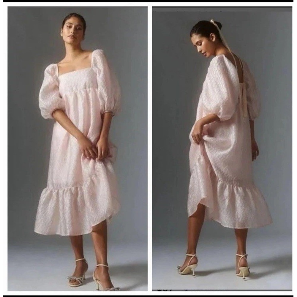 ANTHROPOLOGIE Smocked Midi Dress Women's‎ XLarge Iridescent Textured Sand Pink
